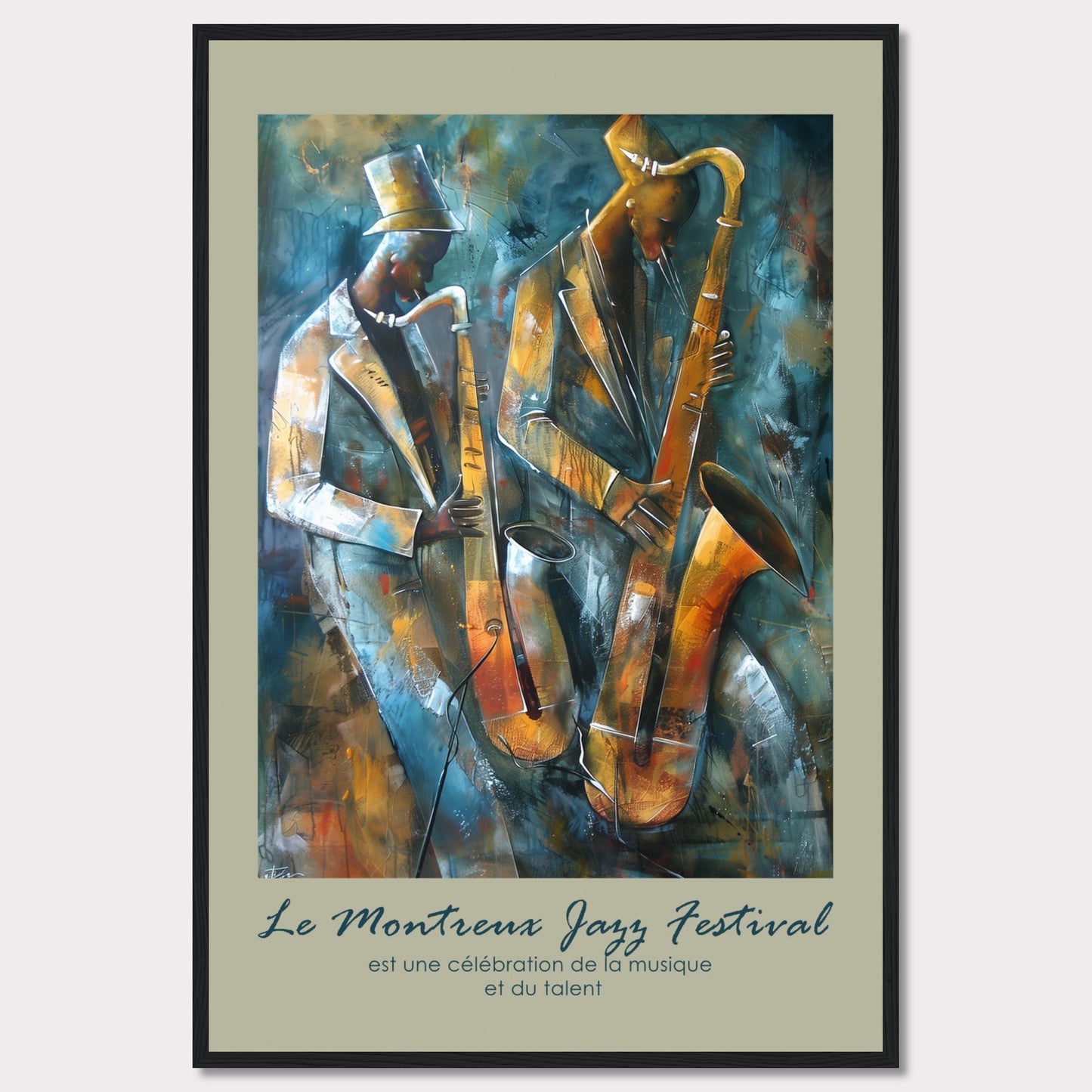 This vibrant artwork captures the essence of jazz with two musicians passionately playing their saxophones. The rich, abstract background adds depth and movement to the scene, emphasizing the dynamic nature of the music. The text at the bottom reads, "Le Montreux Jazz Festival est une célébration de la musique et du talent," highlighting the festival's celebration of music and talent.