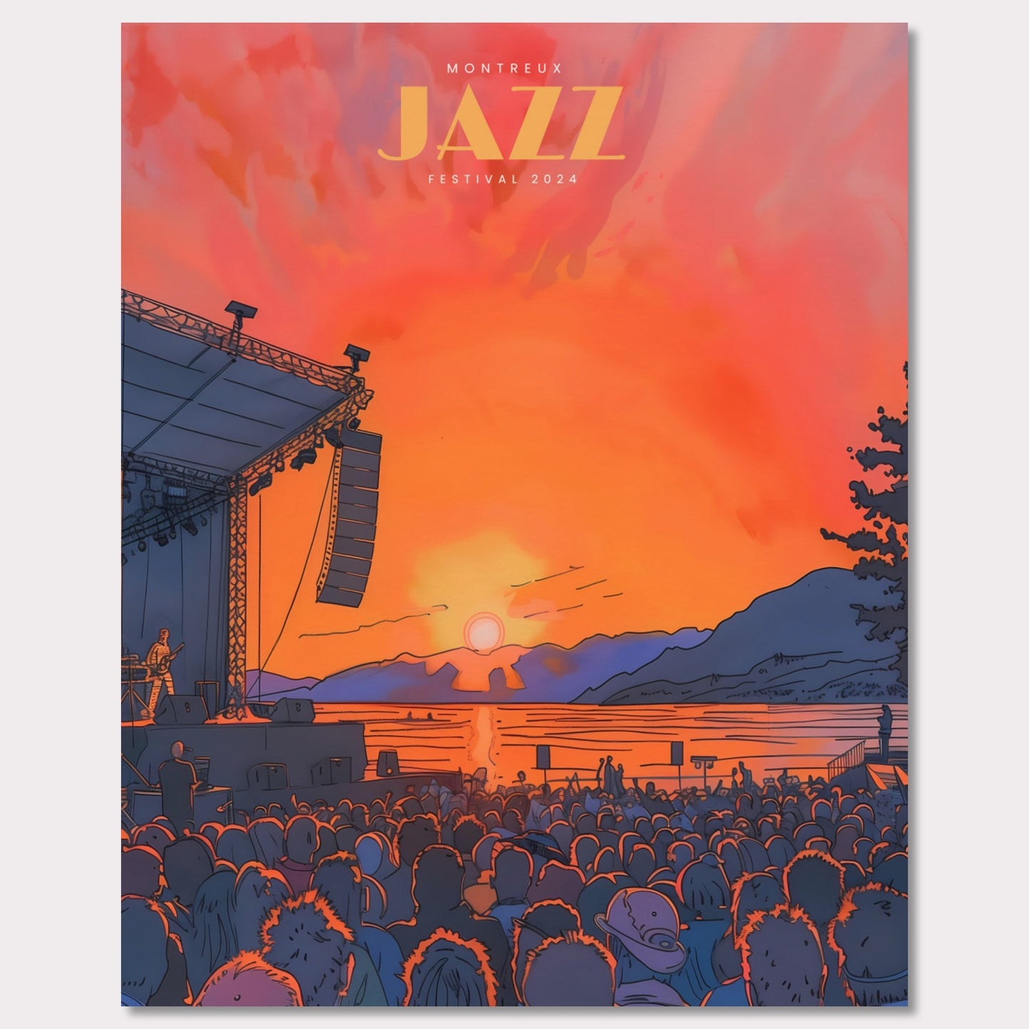 This vibrant poster showcases the Montreux Jazz Festival 2024, capturing the essence of a live outdoor concert at sunset. The scene is set with a large crowd facing a stage where a musician performs against a backdrop of a stunning sunset over a lake and mountains.