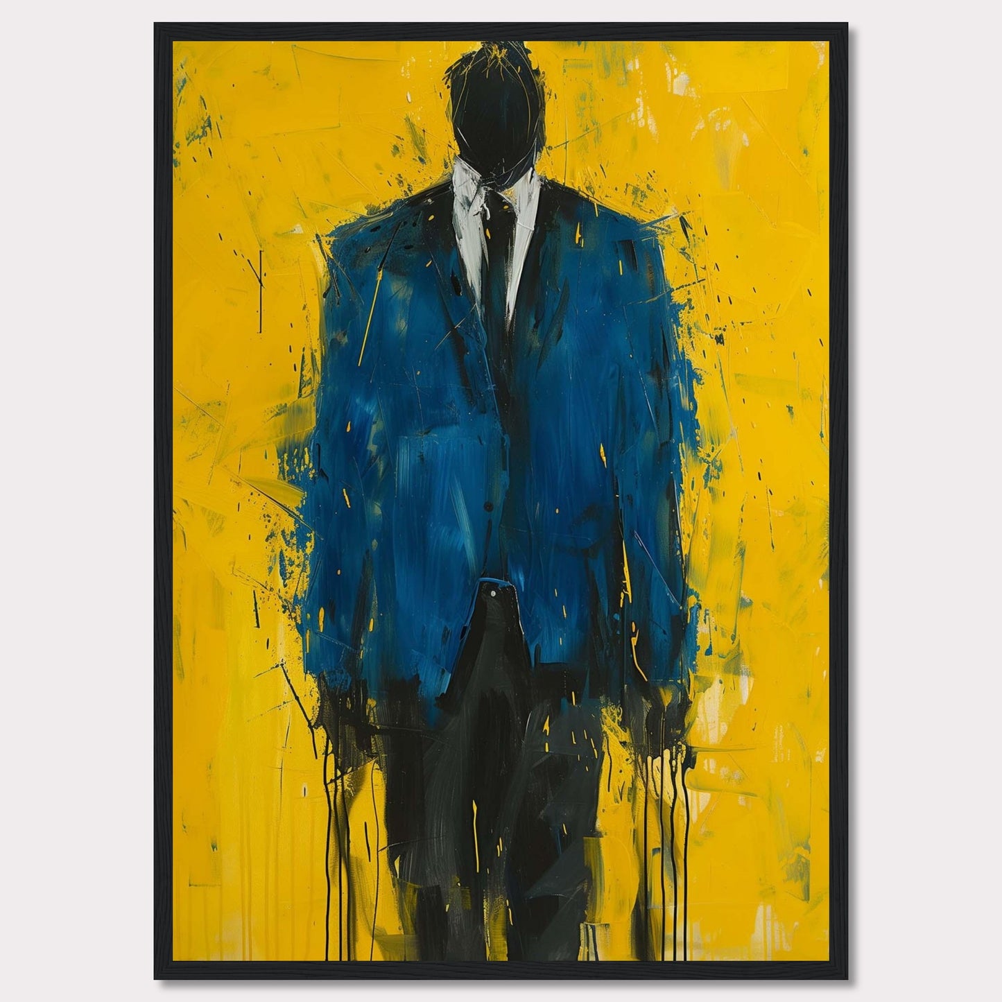 This striking painting features a faceless figure in a blue suit against a vibrant yellow background. The abstract style and bold colors create a powerful visual impact.