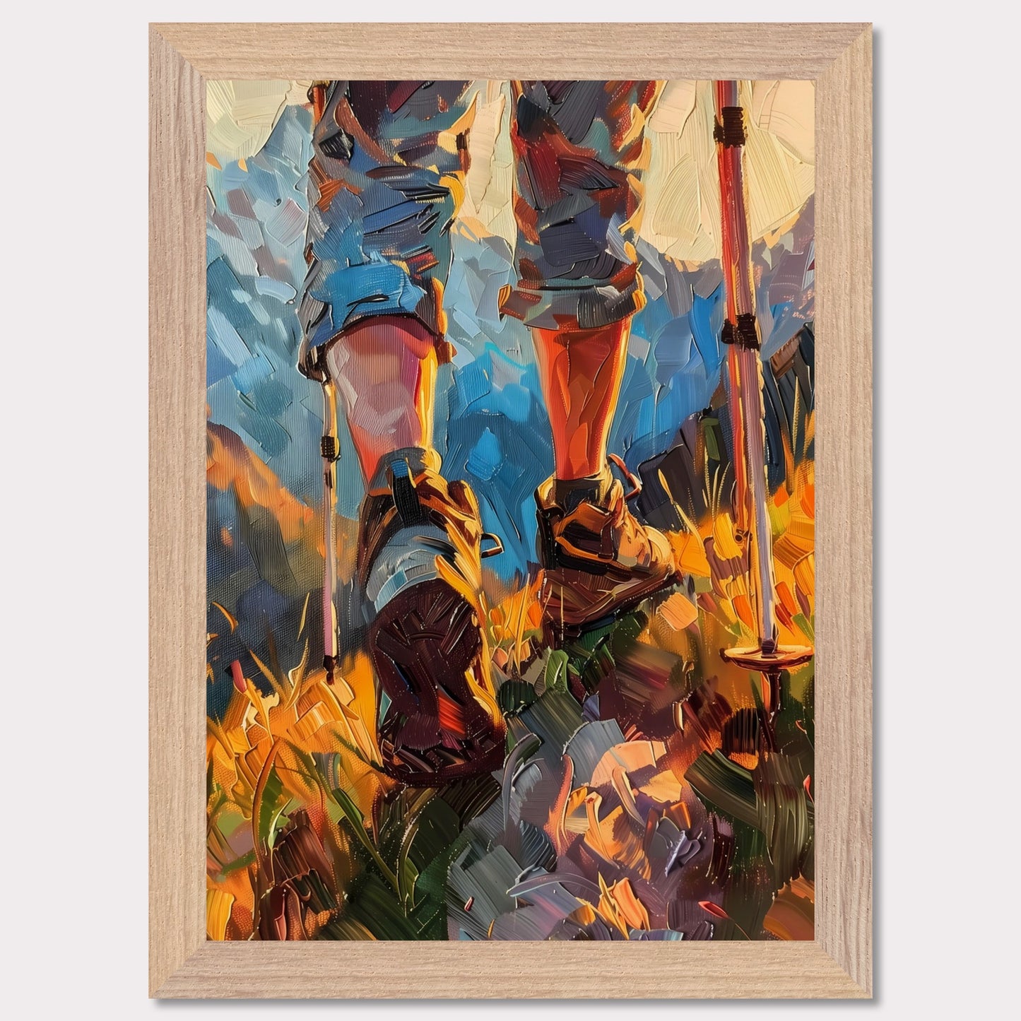 This illustration depicts a hiker's legs and feet as they traverse a vibrant, mountainous landscape. The scene is painted with bold, expressive brushstrokes, emphasizing the dynamic movement and rugged terrain.