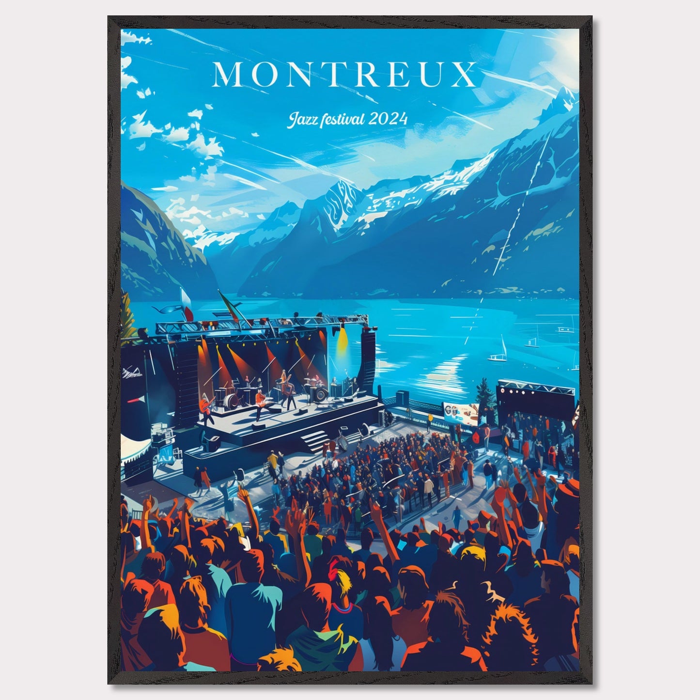 This vibrant poster showcases the Montreux Jazz Festival 2024, set against the stunning backdrop of Lake Geneva and the Swiss Alps. The image features a lively crowd enjoying a performance on an outdoor stage, with musicians playing under a clear blue sky.