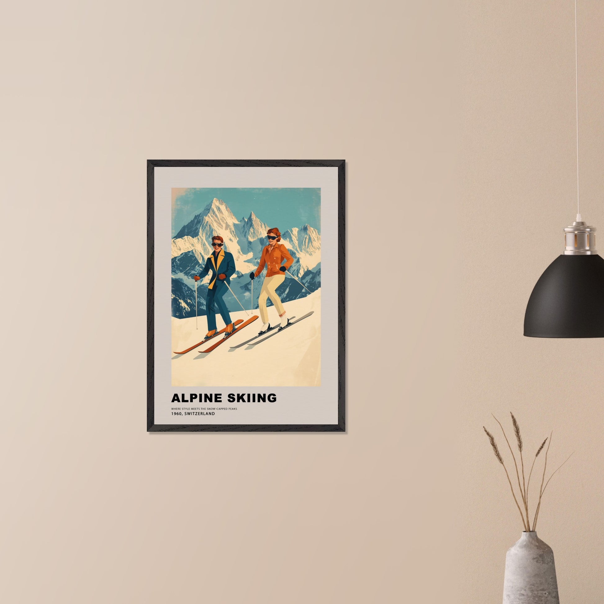 This stunning retro-style poster celebrates the elegance of alpine skiing in Switzerland. Two stylish skiers gracefully glide down the snowy slopes, set against the backdrop of majestic, sunlit peaks. The vintage color palette and mid-century design highlight the timeless charm and sophistication of the alpine experience, making it a celebration of both sport and scenery.