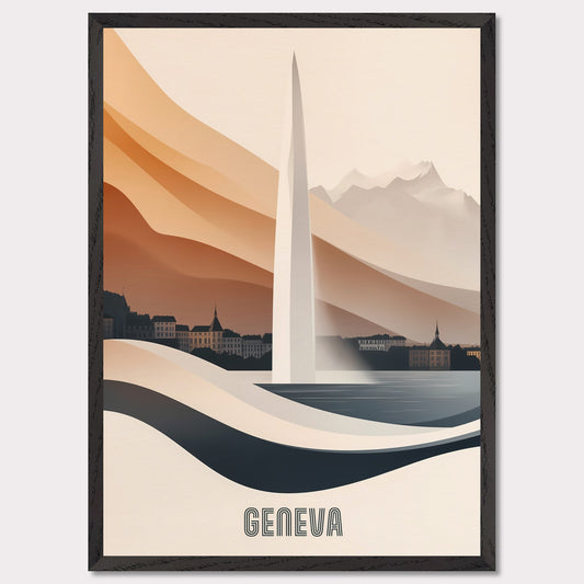 A modern and elegant poster of Geneva’s famous Jet d’Eau fountain, seamlessly blending into the landscape. Smooth curves and warm hues create a sense of fluidity and movement.