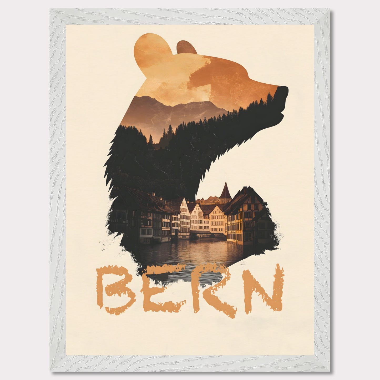 A captivating travel poster that merges Bern’s iconic bear symbol with the city’s historic charm. The silhouette of the bear contains a stunning landscape of alpine forests and traditional Swiss architecture, reflecting the city's rich heritage.