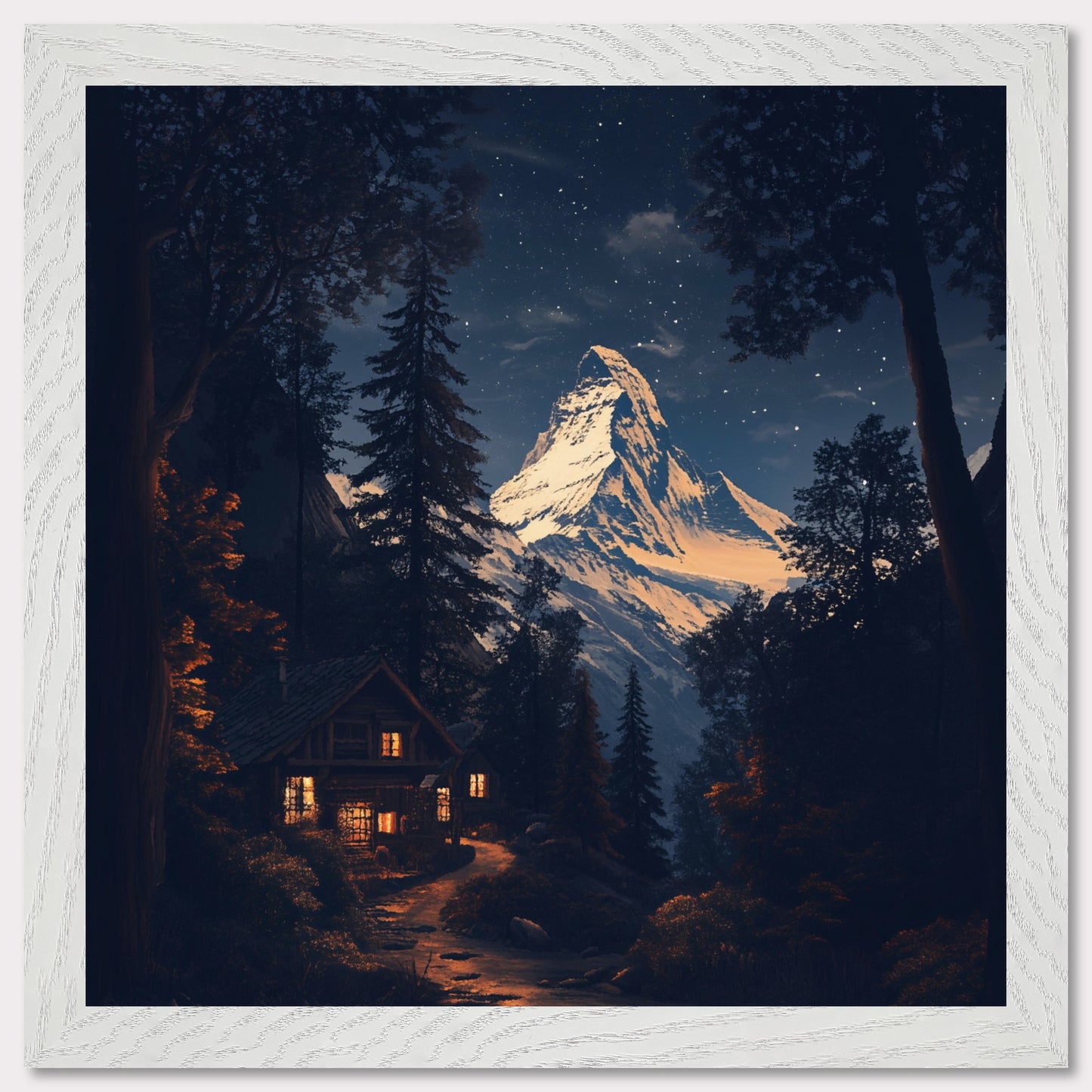 This breathtaking poster showcases the iconic Matterhorn mountain towering over a tranquil village at night, with the snow gently illuminated by the moon. The retro-inspired design and warm lighting from the chalets create a peaceful and majestic atmosphere, emphasizing the serene beauty of the Swiss Alps. This timeless poster captures the allure of winter in the Alps, making it a perfect reminder of the awe-inspiring landscapes and alpine tranquility.