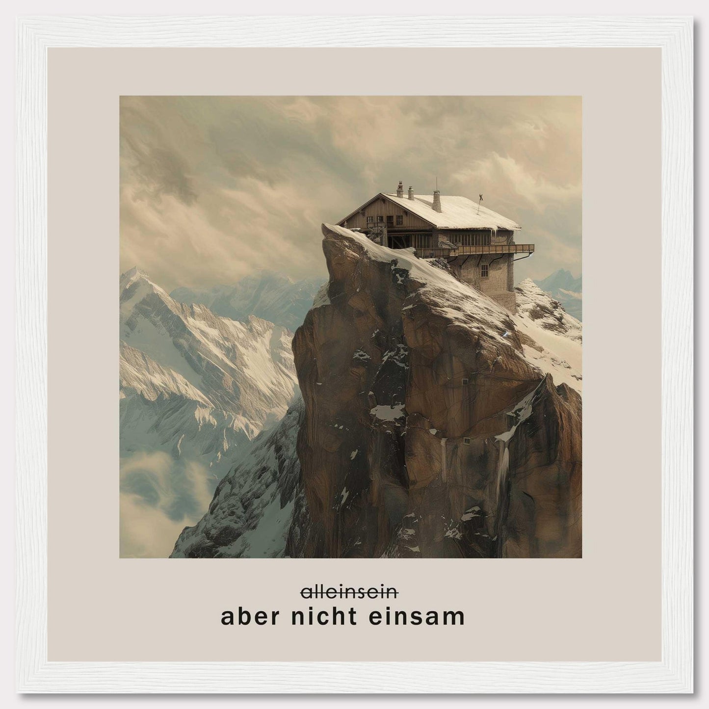 This image depicts a solitary house perched on a rugged, snow-covered mountain peak with a dramatic backdrop of towering mountains and a cloudy sky. The German text below the image reads "aber nicht einsam," which translates to "but not lonely."