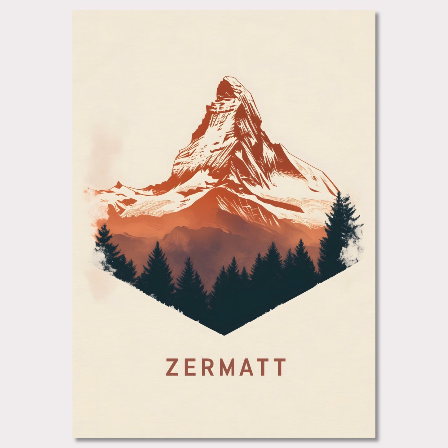 A scenic poster showcasing the breathtaking beauty of Zermatt’s Matterhorn. The rich, painterly textures and natural color palette evoke the serene yet powerful presence of the Alps.