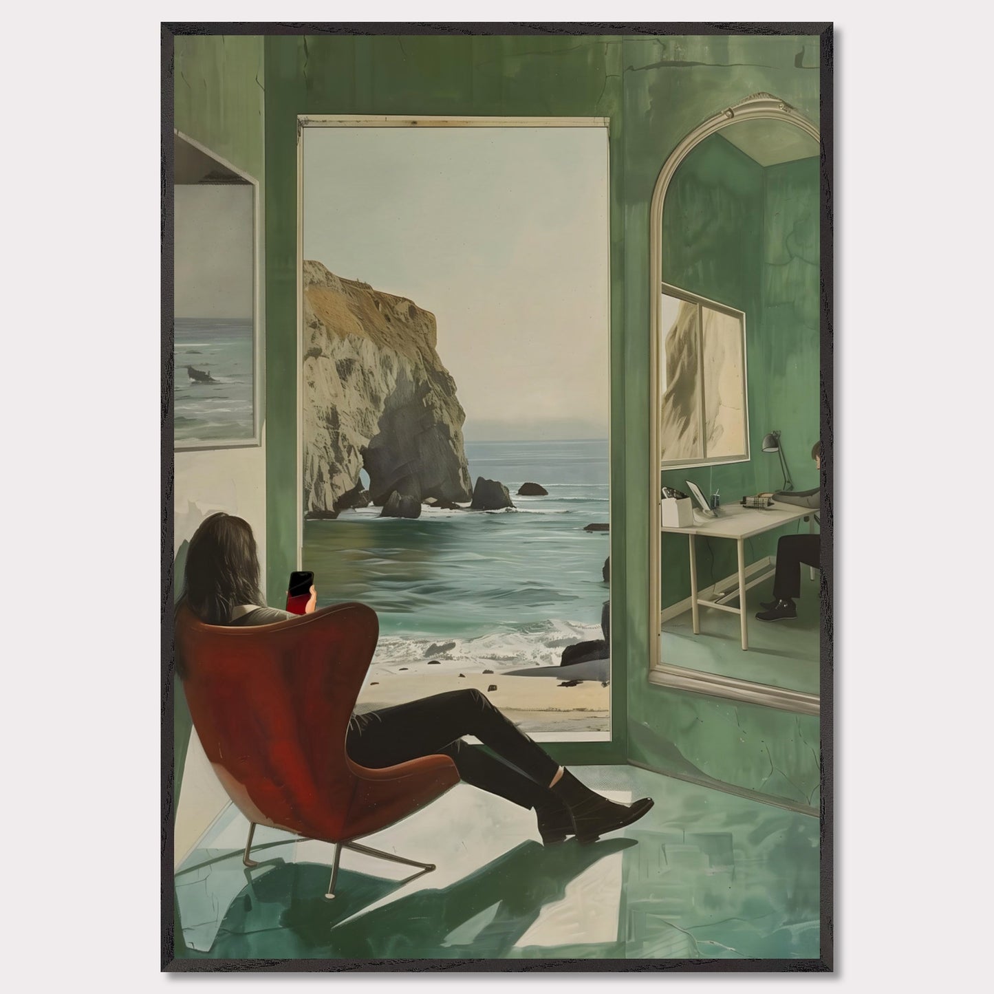 This captivating artwork depicts a serene coastal scene viewed from inside a room. A person is seated in a red chair, gazing out at the ocean through an open window. The reflection of another person working at a desk is visible in a large mirror on the right side. The room's green walls and floor create a calming ambiance, enhancing the peacefulness of the ocean view.