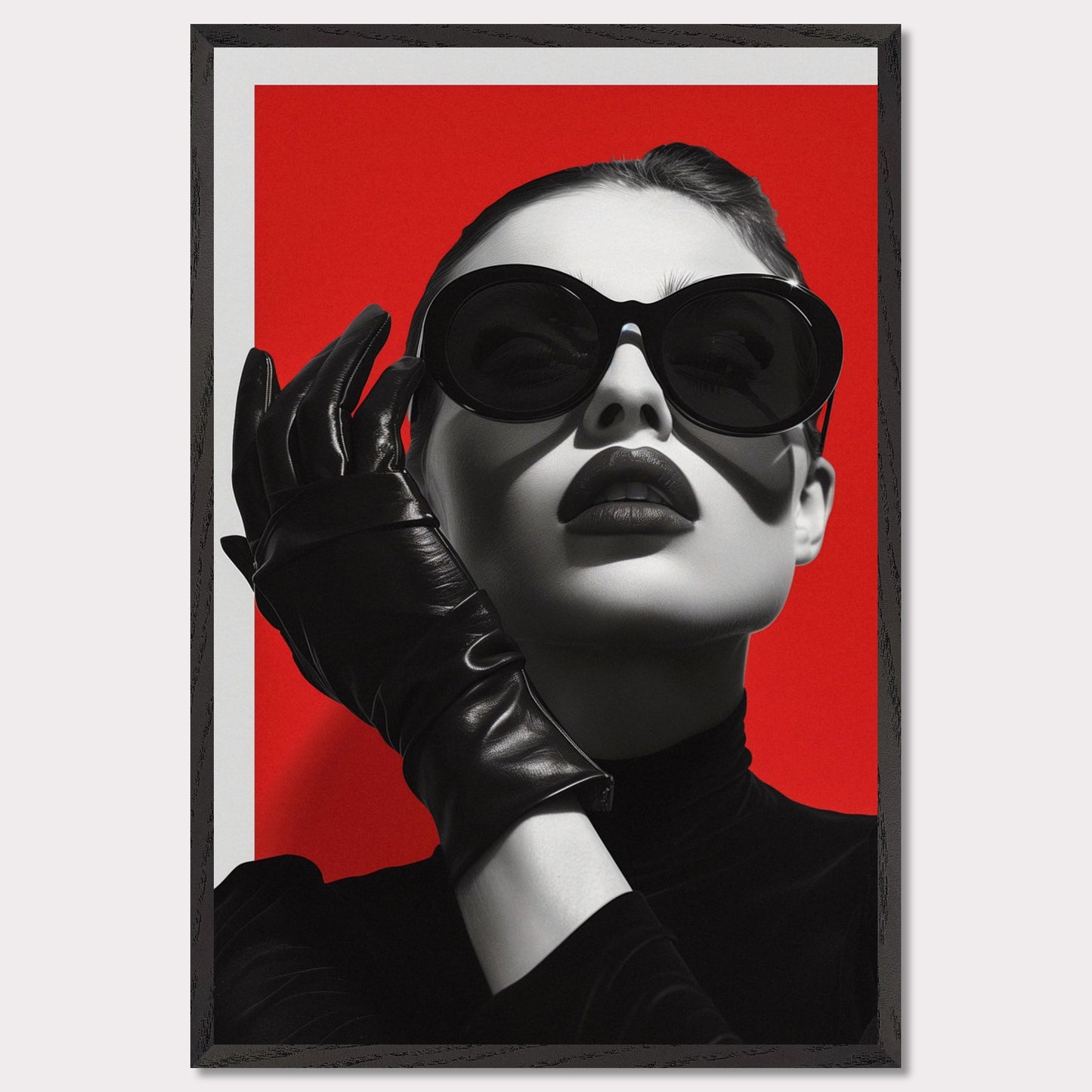 This striking black and white portrait features a stylish woman against a bold red background. Her look is accentuated by oversized sunglasses, dark lipstick, and sleek leather gloves, exuding an air of mystery and sophistication.