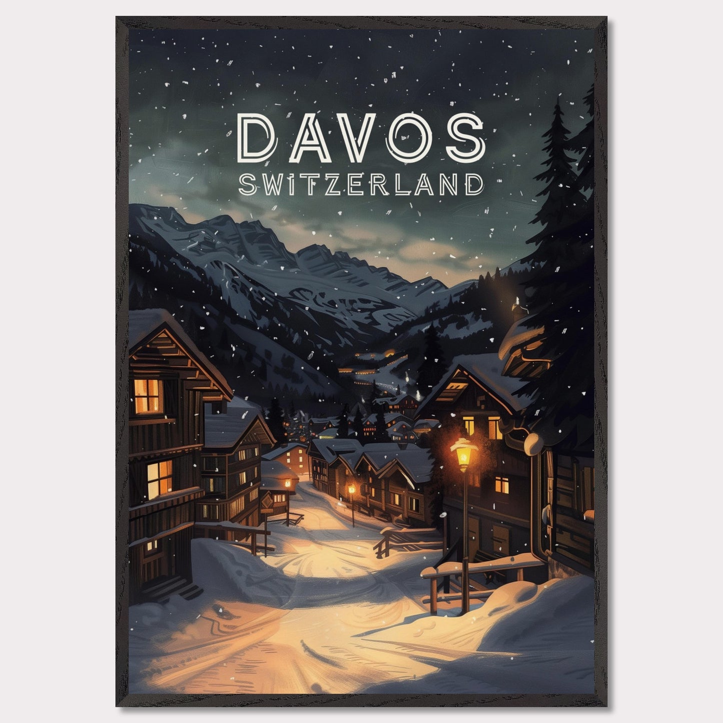 This illustration depicts a serene winter night in Davos, Switzerland. Snow-covered wooden houses line a quiet street illuminated by warm streetlights, with majestic mountains in the background.