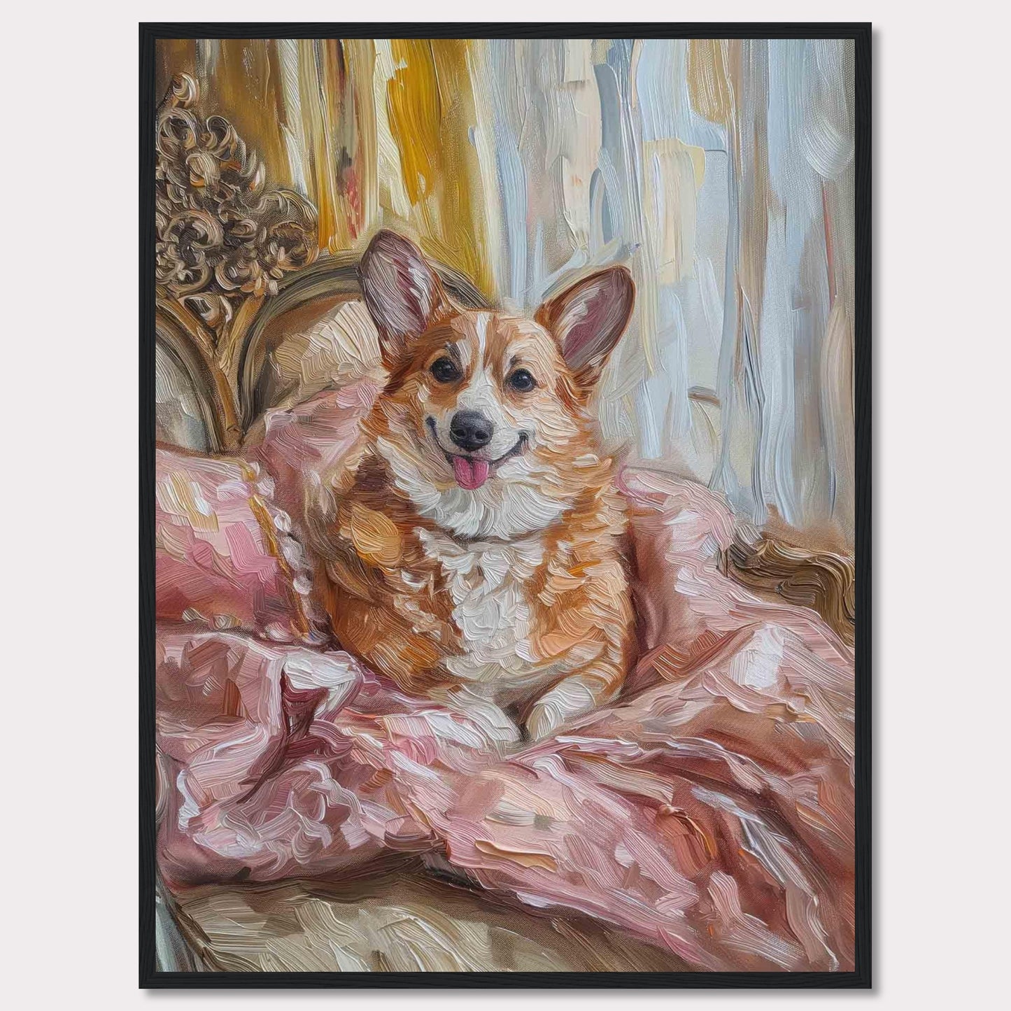 This charming painting captures a joyful corgi nestled in luxurious pink bedding, exuding warmth and happiness. The background features elegant drapery and ornate furniture, adding a touch of sophistication to the scene.