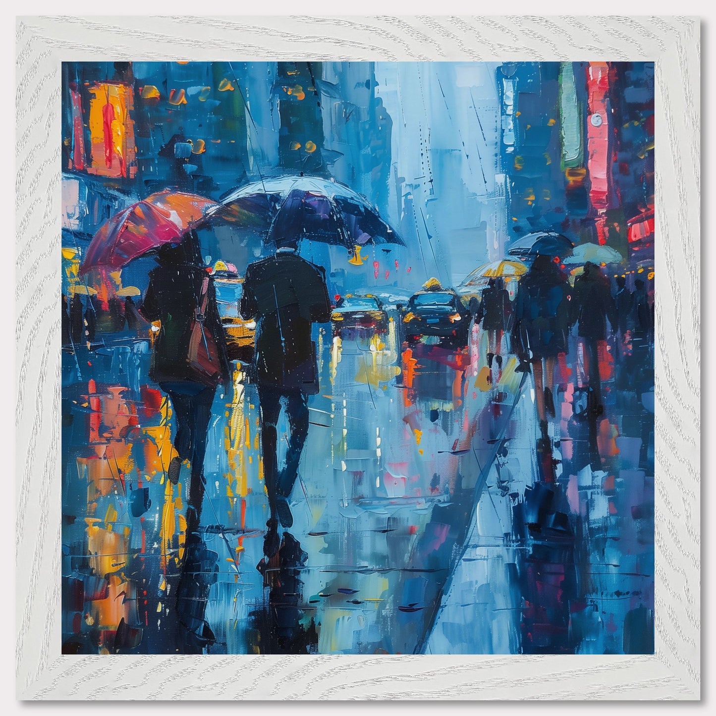 This captivating painting portrays a rainy city street bustling with people holding umbrellas. The vibrant colors and reflections on the wet pavement create a mesmerizing atmosphere.