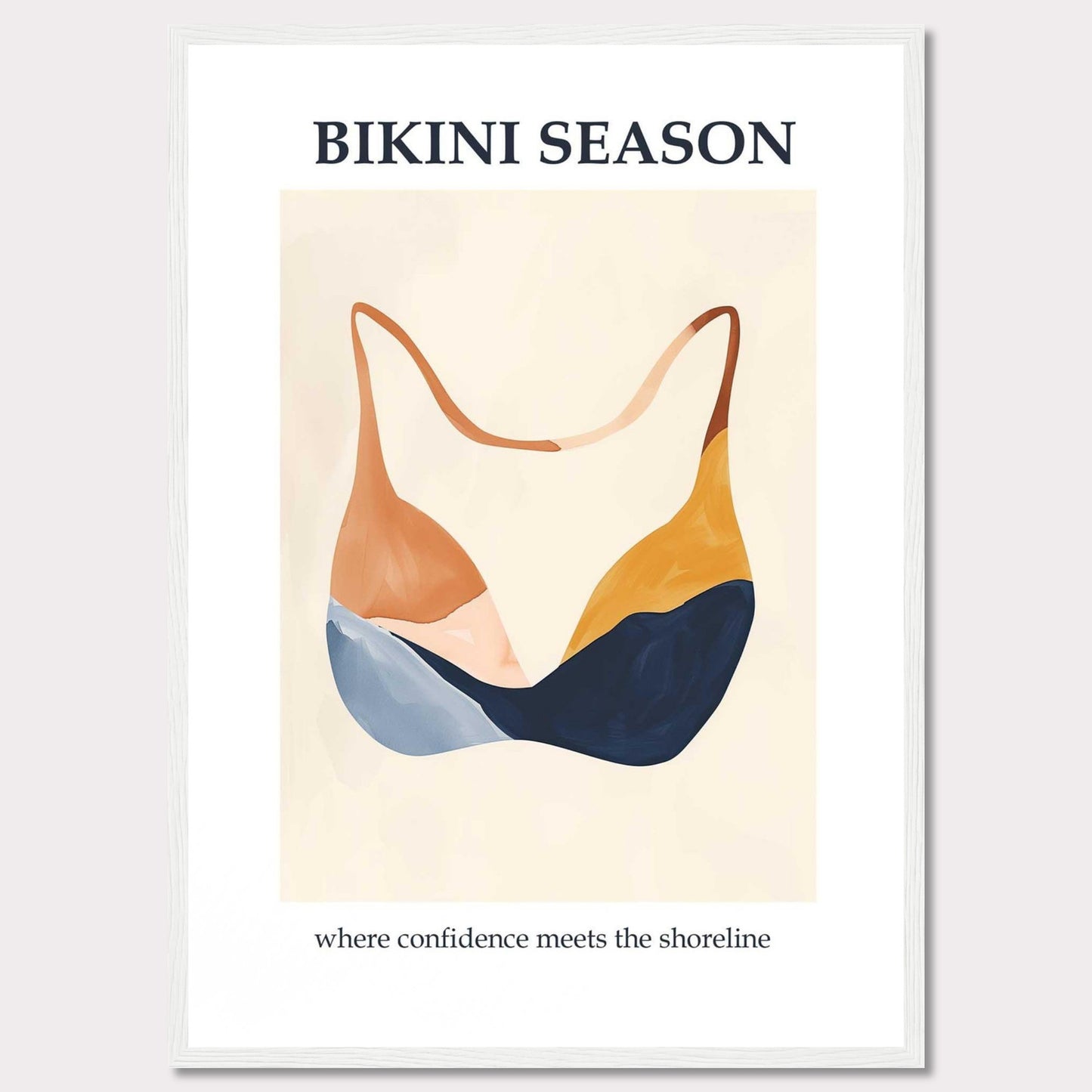 This image showcases a minimalist poster with an artistic depiction of a bikini top. The text "BIKINI SEASON" is prominently displayed at the top, while the phrase "where confidence meets the shoreline" is written at the bottom.