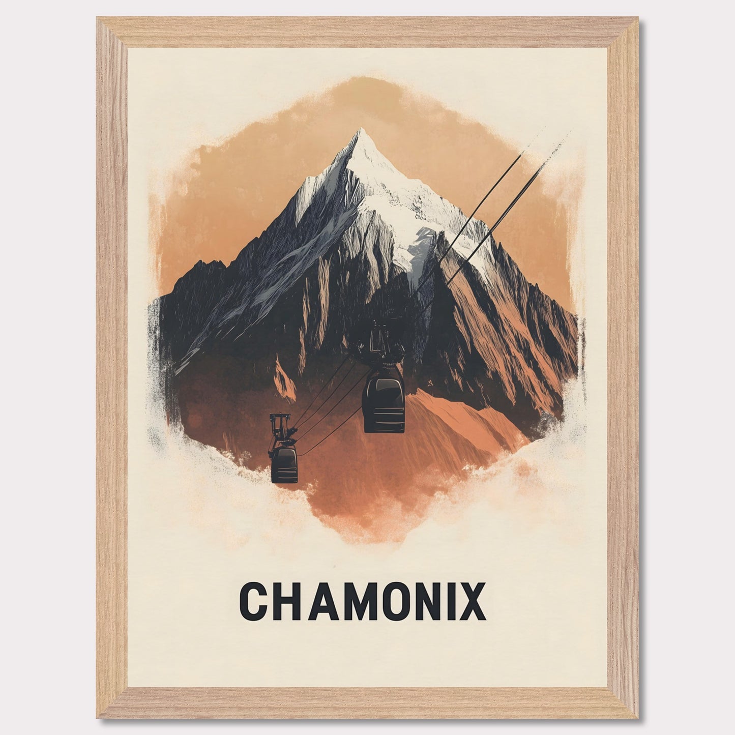 This minimalist poster artfully presents Chamonix, France, a legendary alpine destination known for its dramatic peaks and thrilling ski slopes. The sharp, stylized mountain silhouette contrasts beautifully with the soft sky, creating a bold yet harmonious composition. The subtle shading adds depth, bringing the grandeur of Mont Blanc to life.