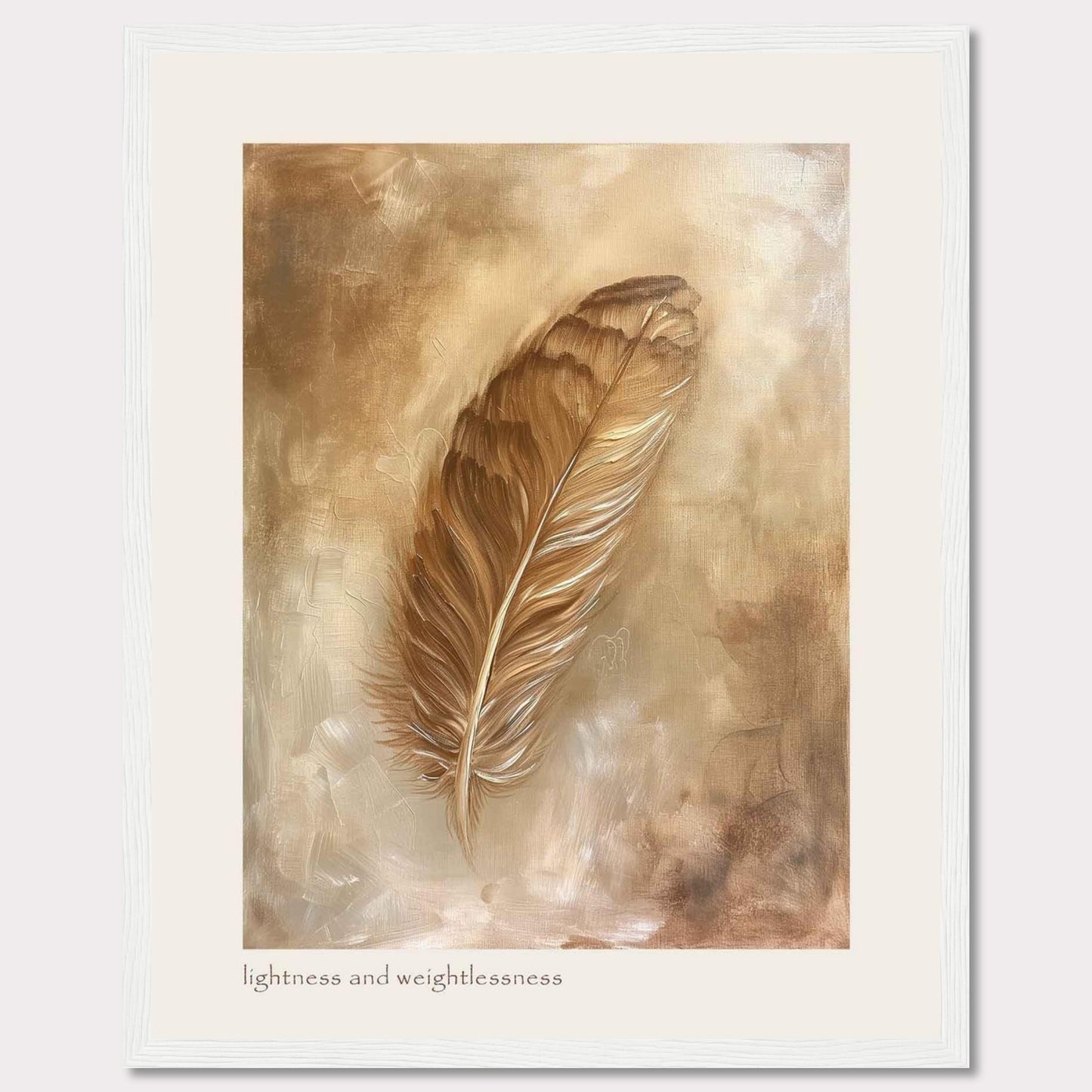 This image showcases a beautifully framed artwork featuring a single feather. The feather is depicted in warm, earthy tones, creating a sense of tranquility and elegance. The background consists of soft, abstract brushstrokes that enhance the delicate nature of the feather. At the bottom of the artwork, the phrase "lightness and weightlessness" is inscribed, adding to the ethereal feel of the piece.