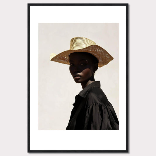 This striking portrait features a person wearing a wide-brimmed straw hat and a black outfit, set against a minimalist light background. The play of light and shadow adds depth and intrigue to the image.