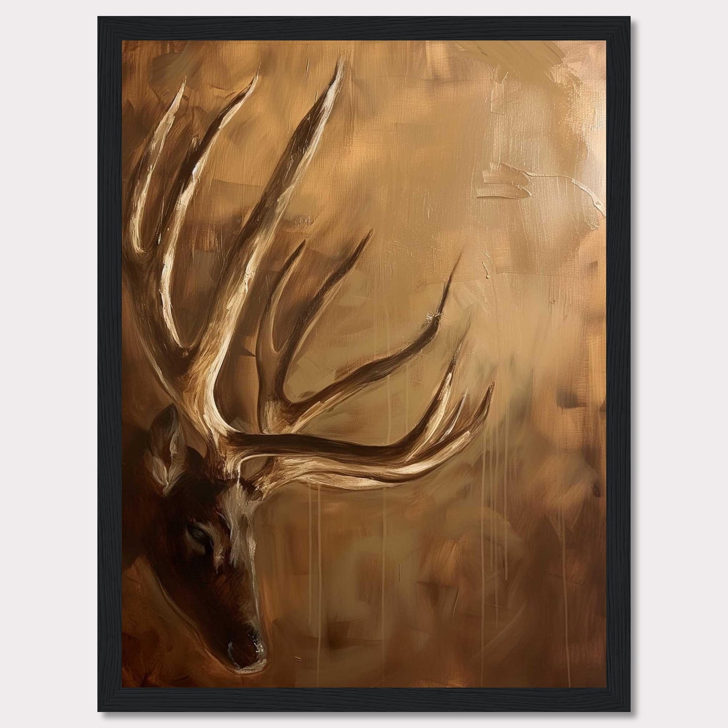 This captivating painting features a majestic deer with prominent antlers, set against a warm, earthy background. The artwork exudes a sense of tranquility and natural beauty, making it a perfect addition to any nature lover's collection.