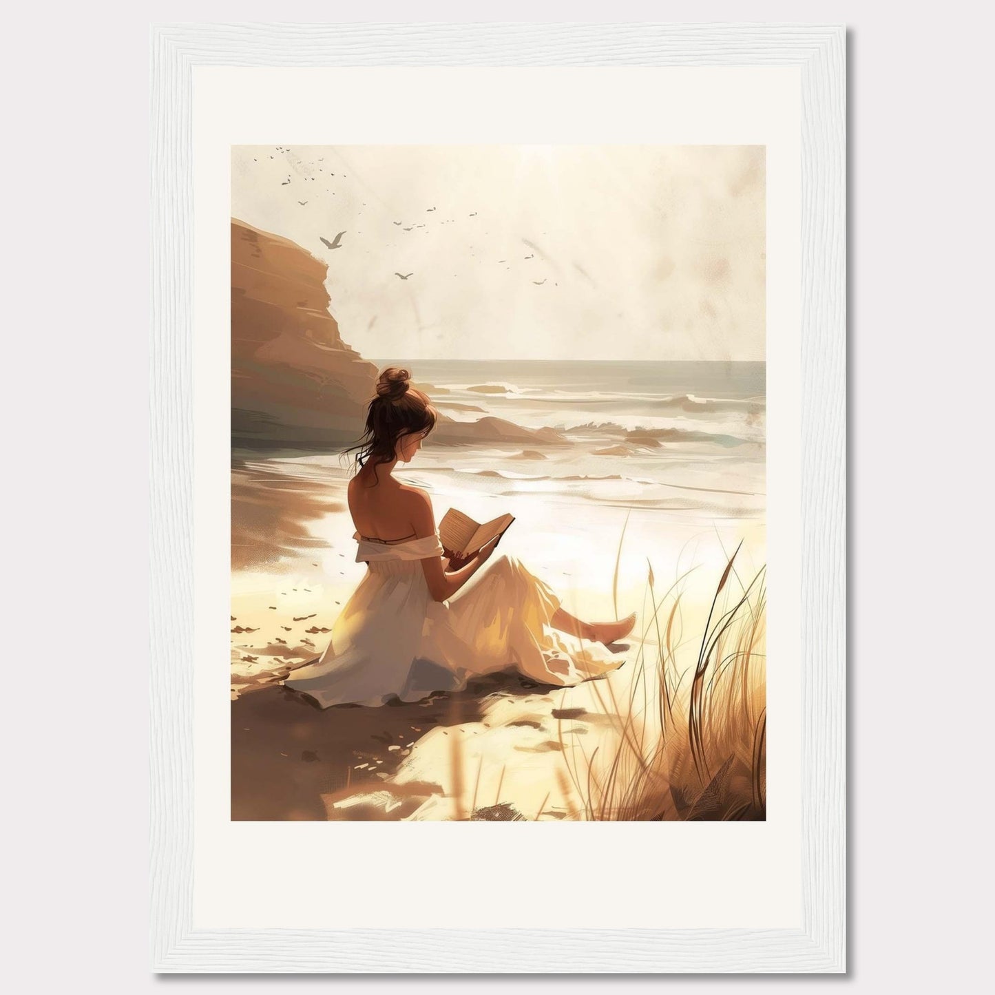 This serene artwork depicts a woman in a white dress sitting on a sandy beach, engrossed in a book. The sun casts a warm golden glow over the scene, enhancing the tranquil atmosphere. In the background, waves gently crash against the shore, and birds soar in the sky.