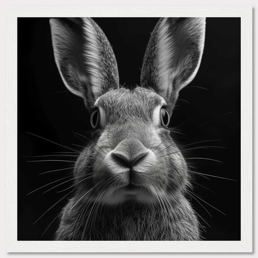 This striking black and white photograph captures a close-up of a rabbit, highlighting its expressive eyes, soft fur, and long whiskers. The image's focus on the rabbit's face creates an intimate and captivating portrait.