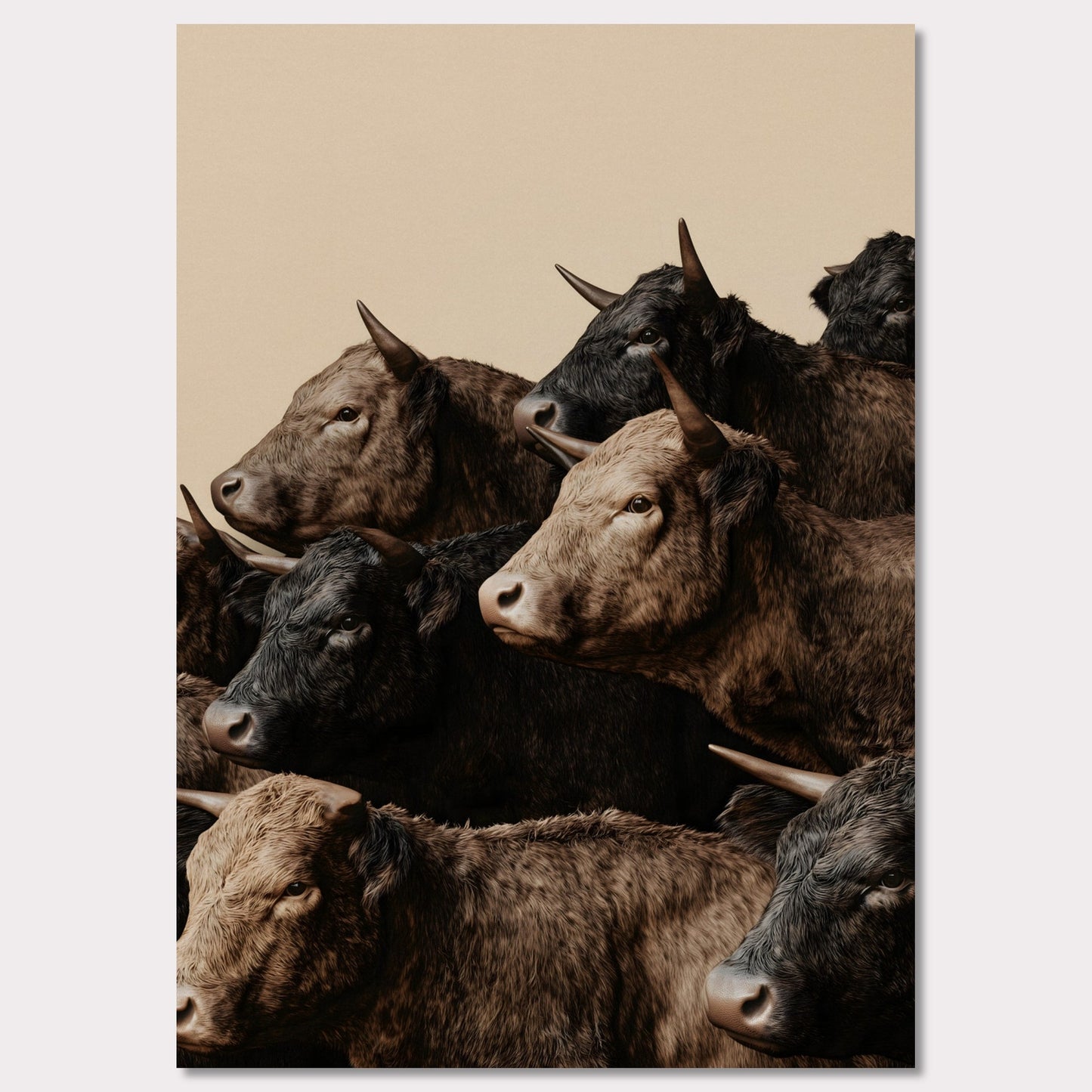 This illustration depicts a group of oxen with varying shades of brown and black fur, closely packed together against a plain beige background.

This poster will fit well in rustic or farmhouse-style interiors, animal-themed spaces, or art collections focusing on wildlife.