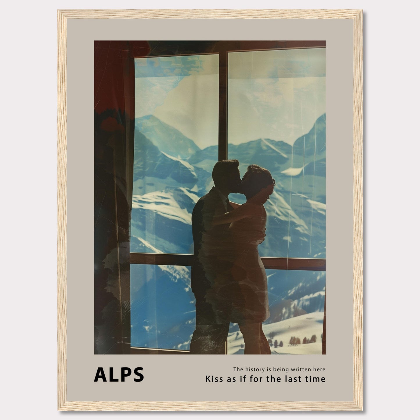 A romantic poster featuring a couple sharing a kiss with the breathtaking backdrop of the Alps visible through a large window. The serene snowy mountains and clear blue sky add to the emotional ambiance.