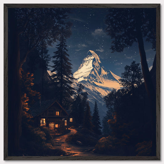 This breathtaking poster showcases the iconic Matterhorn mountain towering over a tranquil village at night, with the snow gently illuminated by the moon. The retro-inspired design and warm lighting from the chalets create a peaceful and majestic atmosphere, emphasizing the serene beauty of the Swiss Alps. This timeless poster captures the allure of winter in the Alps, making it a perfect reminder of the awe-inspiring landscapes and alpine tranquility.