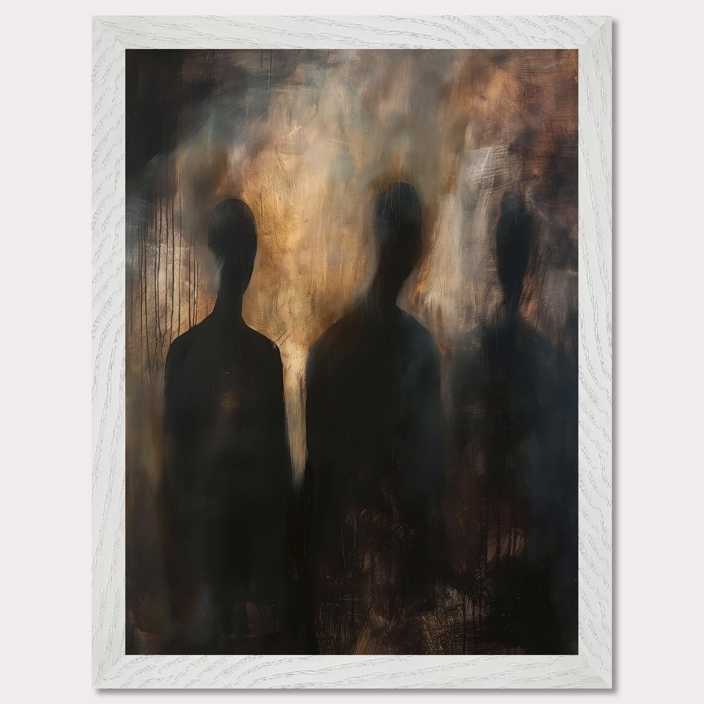 This evocative painting features three shadowy figures set against a smoky, abstract background. The use of dark and muted tones creates a mysterious and haunting atmosphere, inviting viewers to contemplate the unknown. The blending of colors and indistinct forms evoke emotions of intrigue and curiosity.