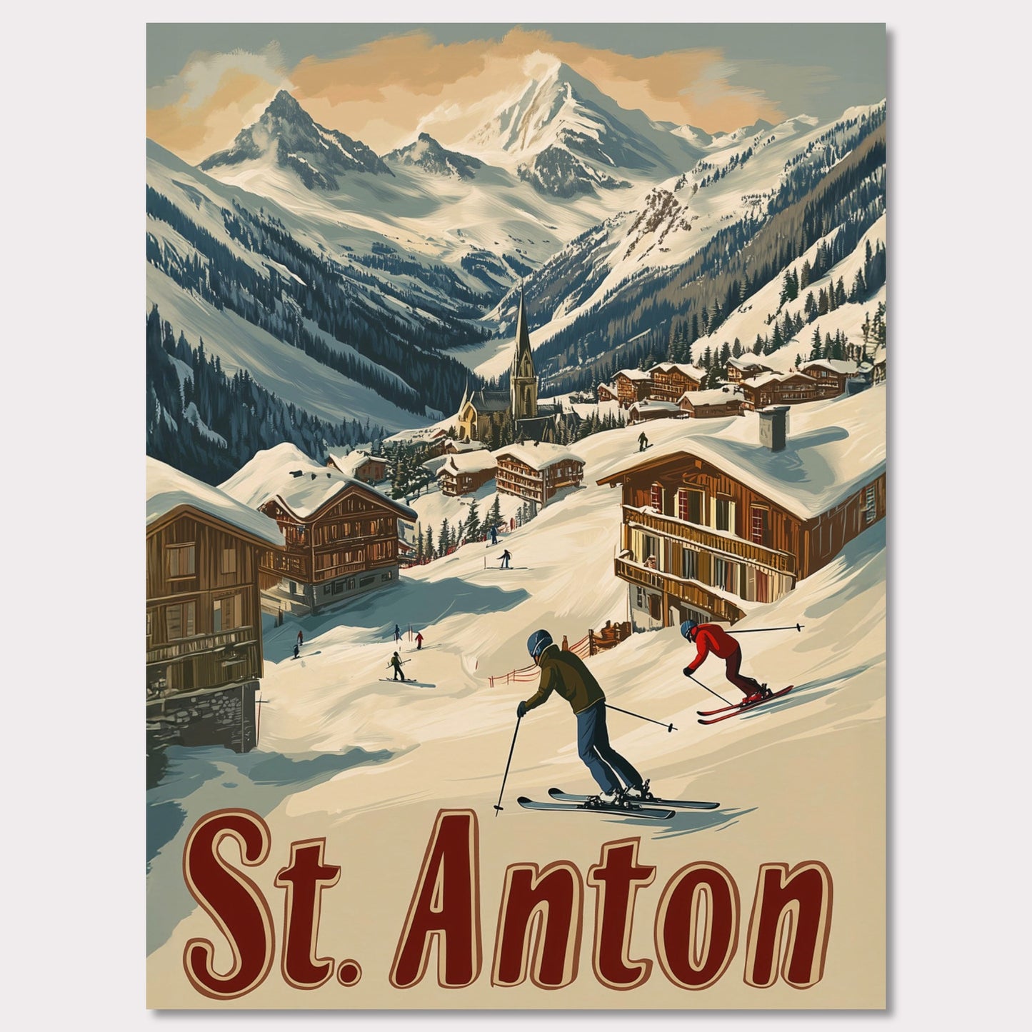 This captivating poster showcases the thrill of skiing in St. Anton, with a group of skiers carving through the fresh powder beneath the dramatic peaks of the Alps. The background features a picturesque village of wooden chalets nestled among the snow, while the rich retro colors and typography emphasize the adventurous spirit of St. Anton as a premier ski destination. The poster evokes both the excitement of the slopes and the warmth of alpine hospitality.