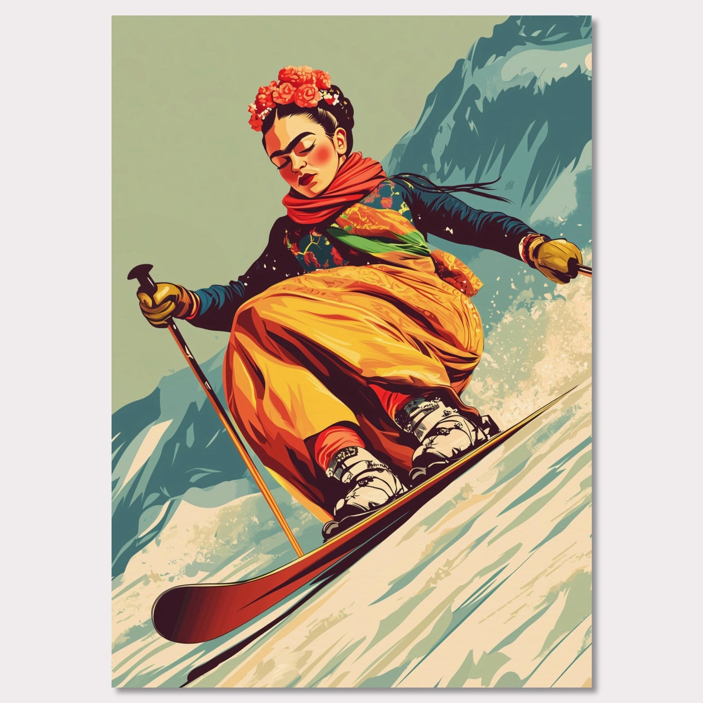 This captivating and artistic poster features Frida Kahlo skiing down a snow-covered slope, embracing both the thrill of winter sports and the vibrancy of her unique style. With a floral crown and colorful attire, Frida brings her creativity and strength to the slopes of the mountains, capturing the harmony between winter adventure and artistic expression. The retro color scheme adds to the vintage charm of the poster, making it a lively and powerful statement piece.