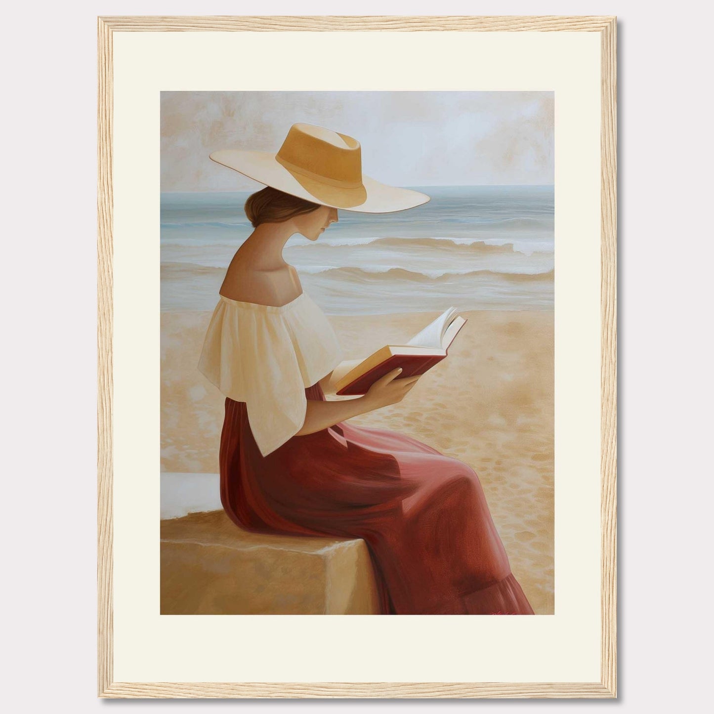 This serene painting depicts a woman sitting by the beach, engrossed in a book. She wears a wide-brimmed hat and a flowing dress, with the ocean waves gently rolling in the background.