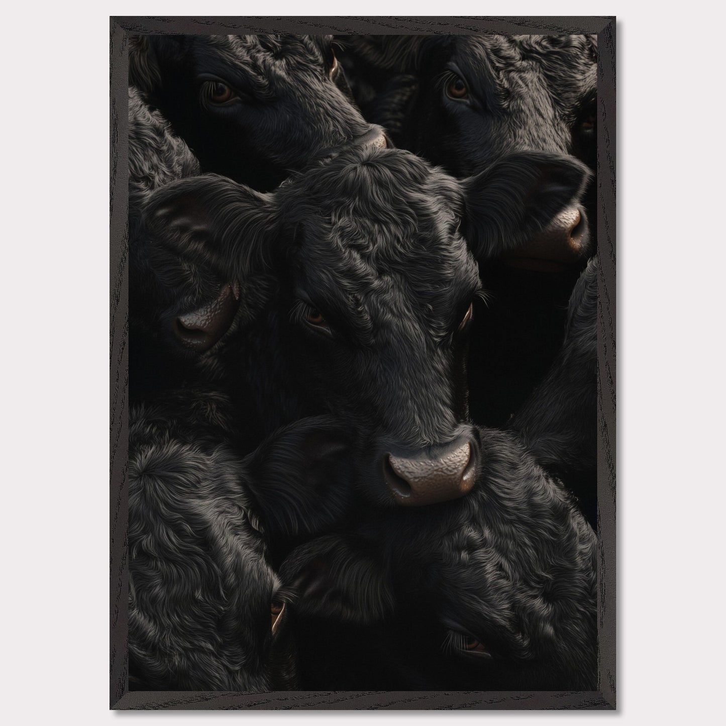 This captivating artwork features a close-up view of several black cows, their faces and textures intricately detailed. The image exudes a sense of unity and calmness among the animals.