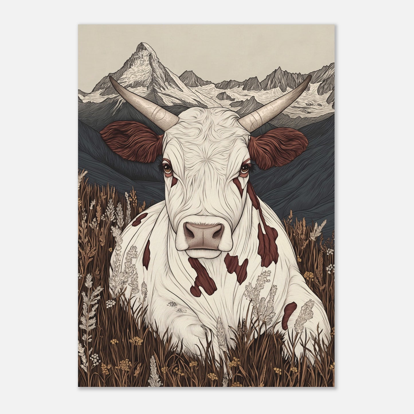 This beautifully detailed poster portrays a tranquil scene of alpine life with a focus on the harmonious connection between nature and animals. A striking cow with intricate features gazes directly at the viewer, creating a sense of intimacy, while the majestic Matterhorn looms in the background. The combination of soft earth tones and delicate linework evokes a rustic yet modern aesthetic.