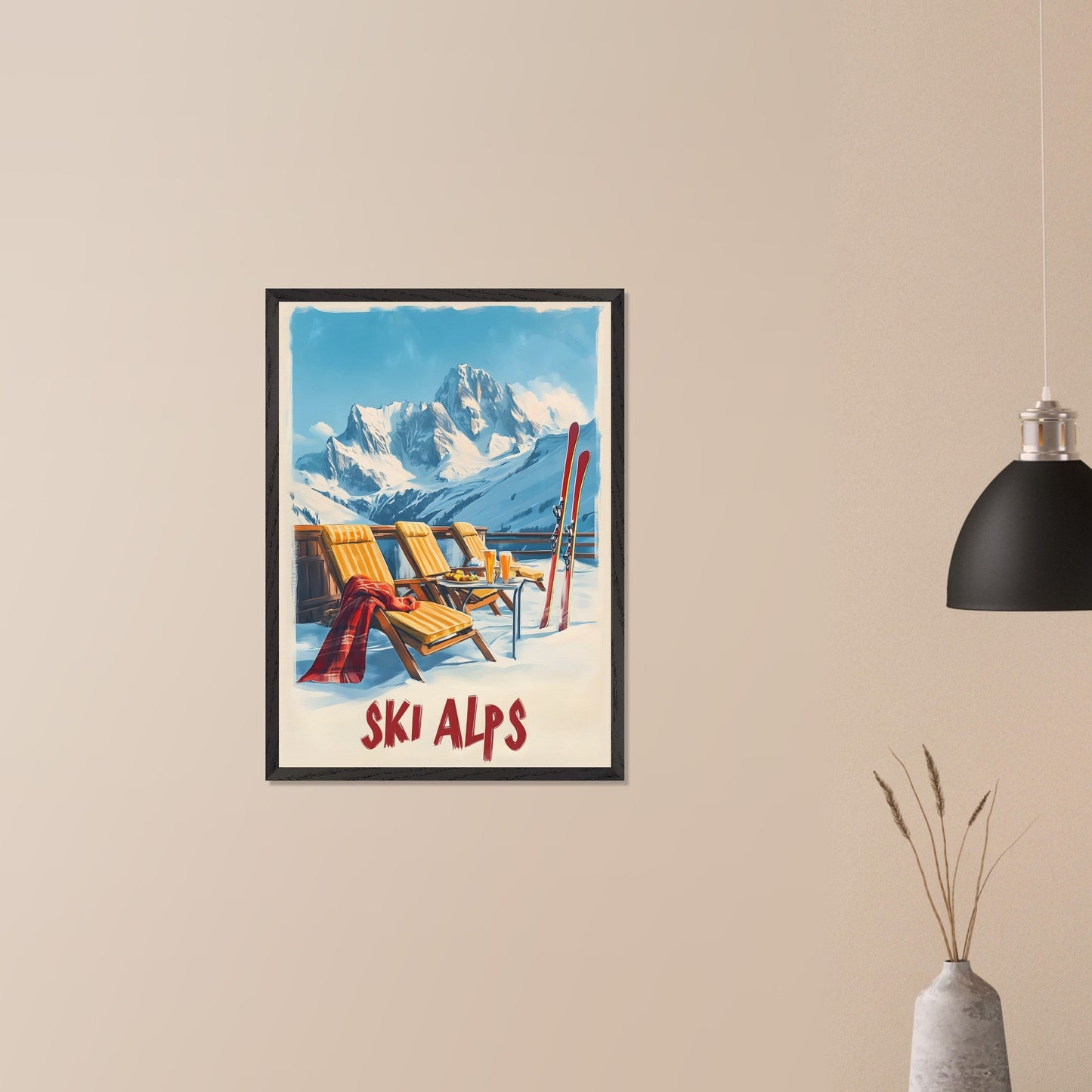 This vibrant poster captures the joy of a sunlit winter day in the Alps. Relaxation takes center stage with inviting lounge chairs draped in cozy blankets, complemented by refreshing beverages and a mountain backdrop that stretches into the clear blue sky.