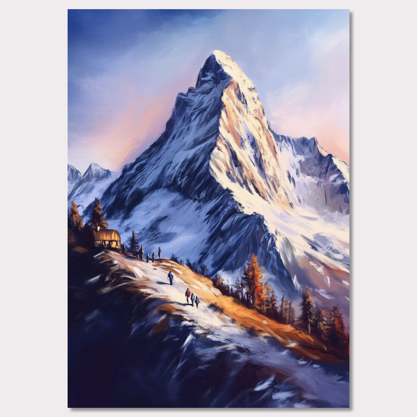 This atmospheric poster captures the awe-inspiring beauty of Zermatt, emphasizing the grandeur of the Matterhorn as it towers over a snow-dusted trail bathed in golden light. The soft, painterly style evokes a sense of tranquility and adventure, blending the rugged alpine landscape with the warmth of human activity.