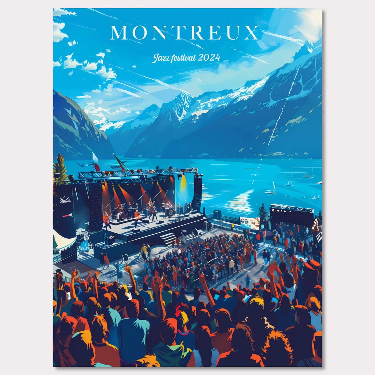 This vibrant poster showcases the Montreux Jazz Festival 2024, set against the stunning backdrop of Lake Geneva and the Swiss Alps. The image features a lively crowd enjoying a performance on an outdoor stage, with musicians playing under a clear blue sky.