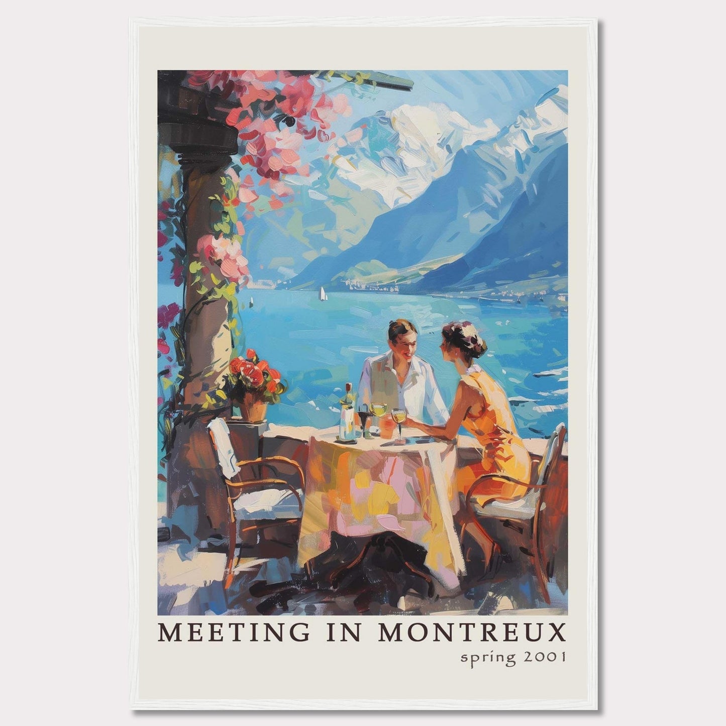 This vibrant poster captures a serene moment of a couple dining outdoors with the stunning backdrop of Montreux's picturesque lakeside and mountains.