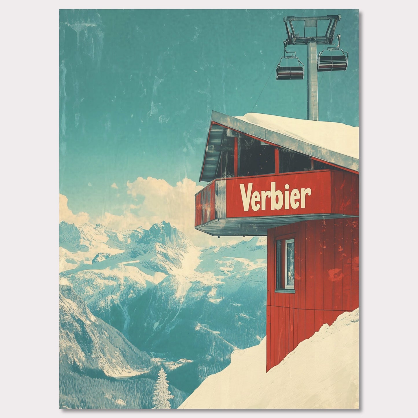 This vintage-inspired poster showcases a modern gondola station perched high above Verbier’s slopes. The gondola’s red cabin stands out against the pristine white snow, with majestic alpine peaks framing the view. The soft blue sky, accented by the vintage design, gives a timeless quality to the image. The simplicity and elegance of the gondola station invite viewers to imagine their own journey up the mountain, surrounded by the beauty of the Swiss Alps.