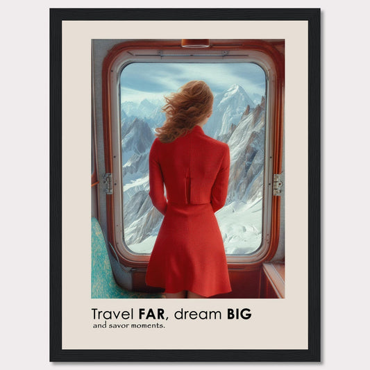 A woman in a red dress gazes out of a train window at majestic snow-covered mountains.