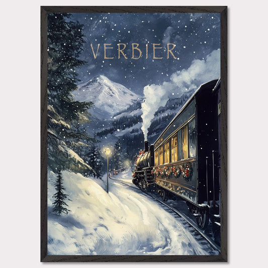 This charming, vintage-inspired poster transports you to a winter wonderland in Verbier, as a steam train adorned with festive decorations winds its way through a snowy mountain landscape. The warm glow from the train’s windows contrasts beautifully with the cool, snowy surroundings, creating a nostalgic and inviting atmosphere. The gentle snowfall and the towering mountain peaks in the background complete the serene yet adventurous feel of this picturesque winter journey.