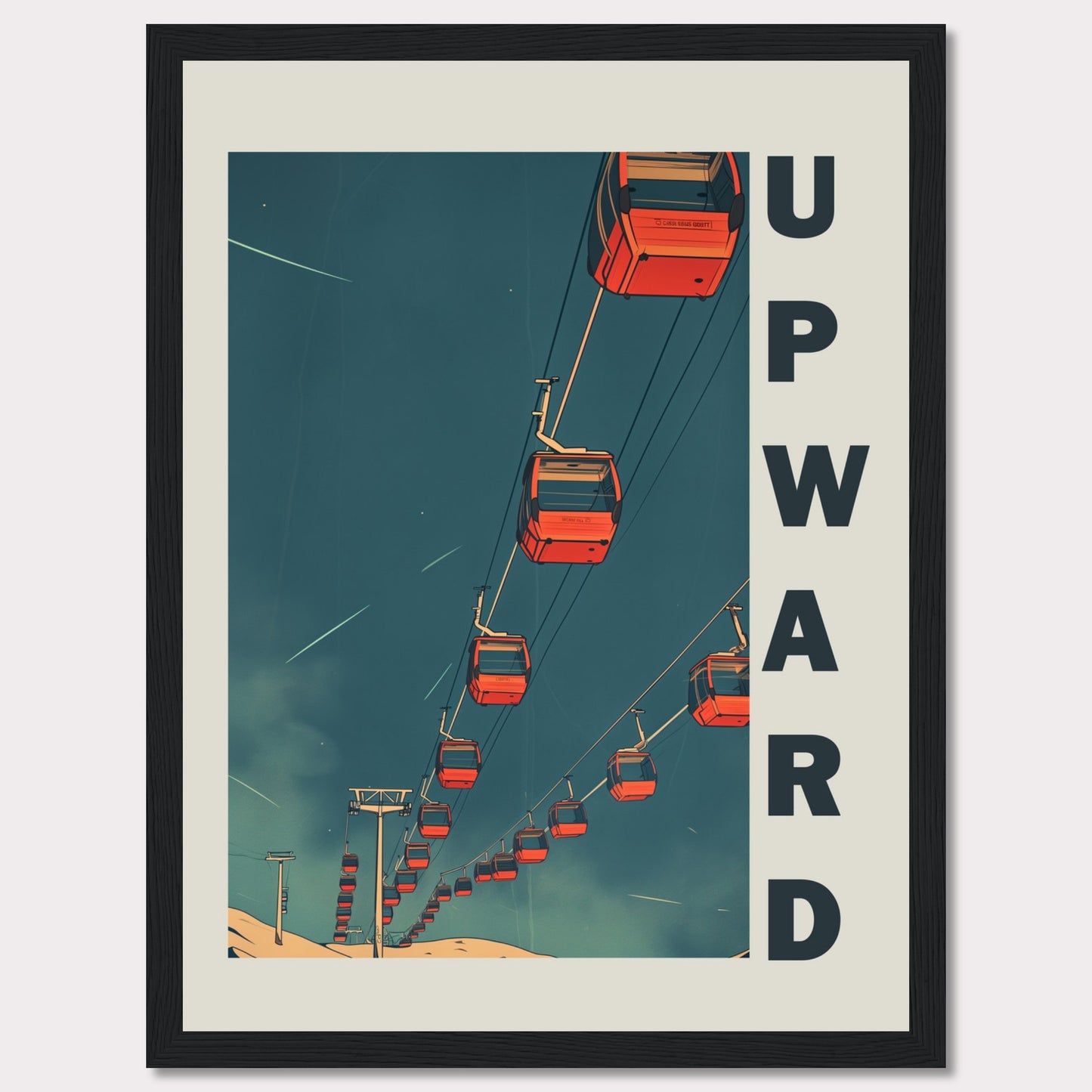 This striking artwork features a series of red cable cars ascending into a deep blue sky, evoking a sense of adventure and upward momentum. The word "UPWARD" is boldly displayed along the right side, reinforcing the theme of progress and elevation.