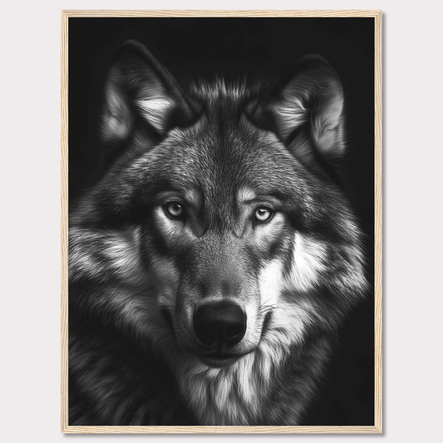 Immerse yourself in the captivating gaze of a majestic wolf with this stunning black and white portrait. The detailed fur, intense eyes, and powerful presence make this artwork a striking addition to any space.