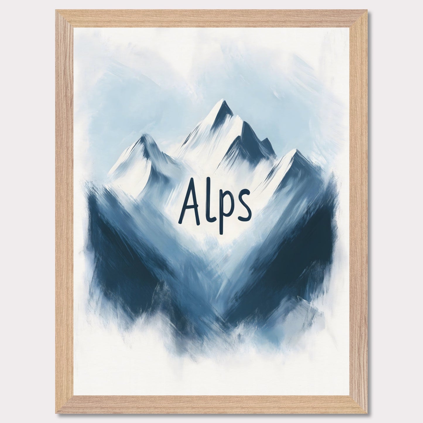 This minimalistic poster captures the raw beauty of alpine peaks, portrayed in a painterly, soft blue tone. The ethereal ambiance evokes a sense of peace and awe, celebrating the untouched splendor of nature.