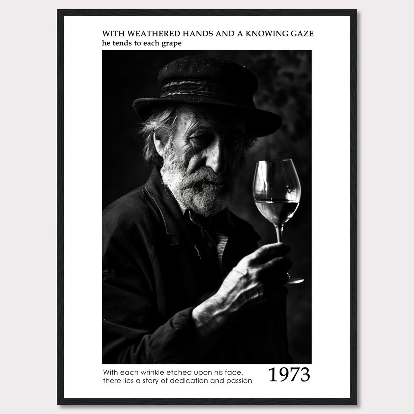 This evocative black-and-white photograph captures an elderly man with a weathered face, holding a glass of wine. His thoughtful gaze and the detailed wrinkles on his face tell a story of dedication and passion. The text accompanying the image reads: "With weathered hands and a knowing gaze he tends to each grape. With each wrinkle etched upon his face, there lies a story of dedication and passion." The year 1973 is prominently displayed.