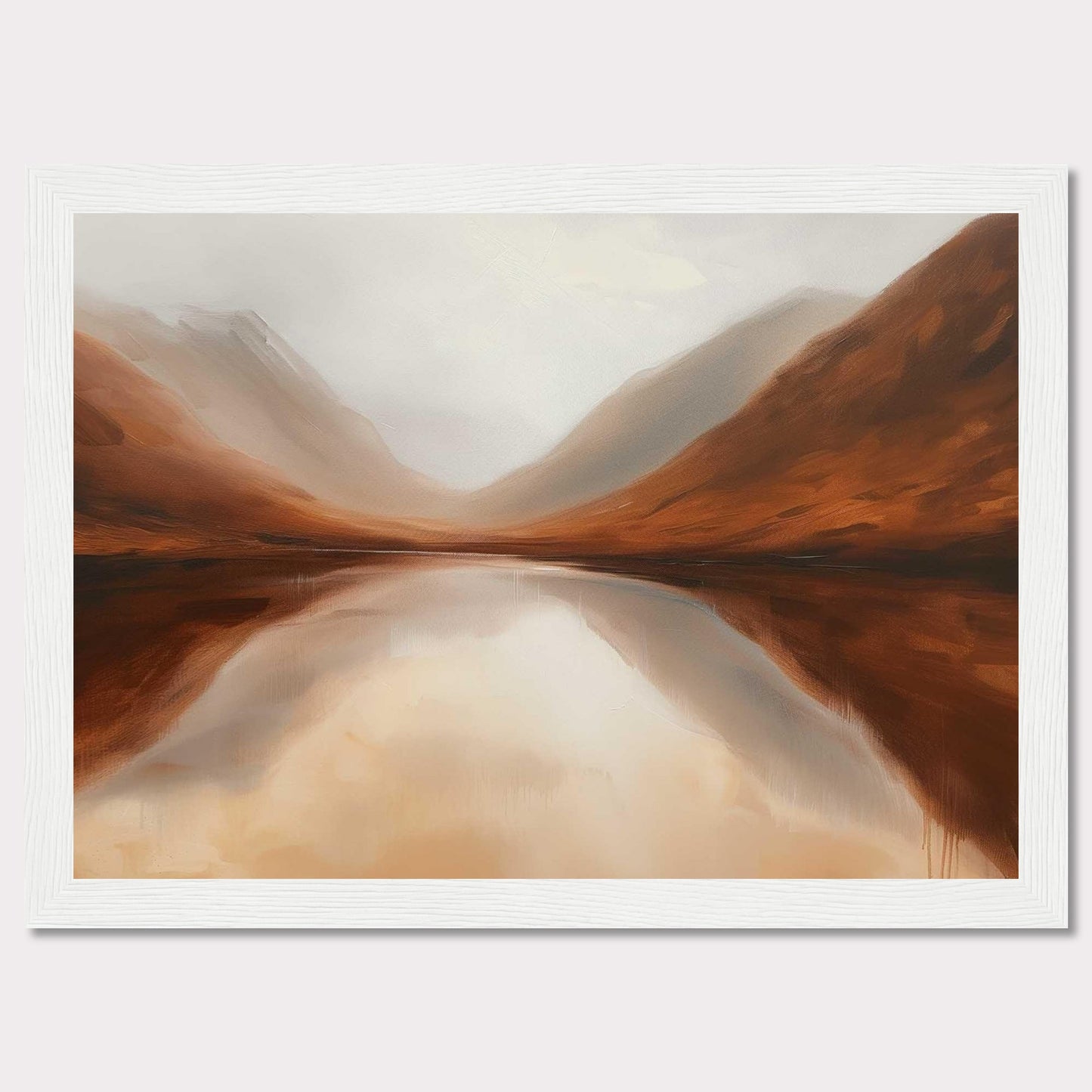 This captivating painting showcases a serene landscape with misty mountains reflected in a calm lake. The earthy tones of the mountains blend seamlessly with the soft, cloudy sky, creating a tranquil and harmonious scene.