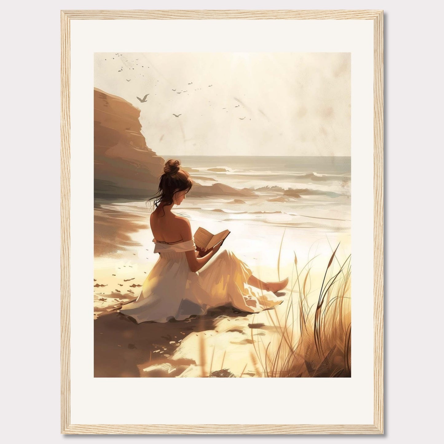 This serene artwork depicts a woman in a white dress sitting on a sandy beach, engrossed in a book. The sun casts a warm golden glow over the scene, enhancing the tranquil atmosphere. In the background, waves gently crash against the shore, and birds soar in the sky.