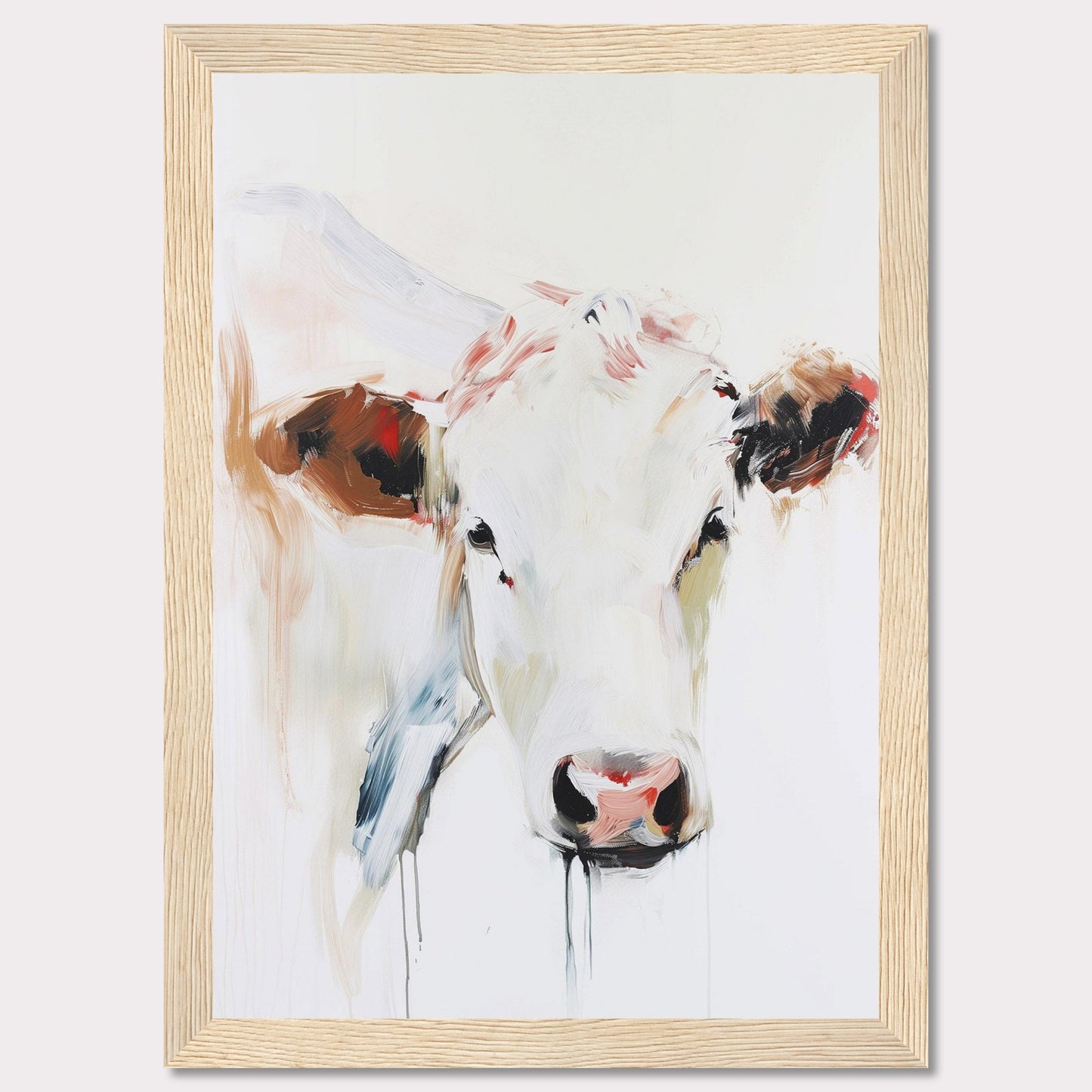 This captivating painting features a close-up of a cow's face, rendered in a modern abstract style. The artwork uses bold brush strokes and a blend of soft and vibrant colors to create a striking visual impact.