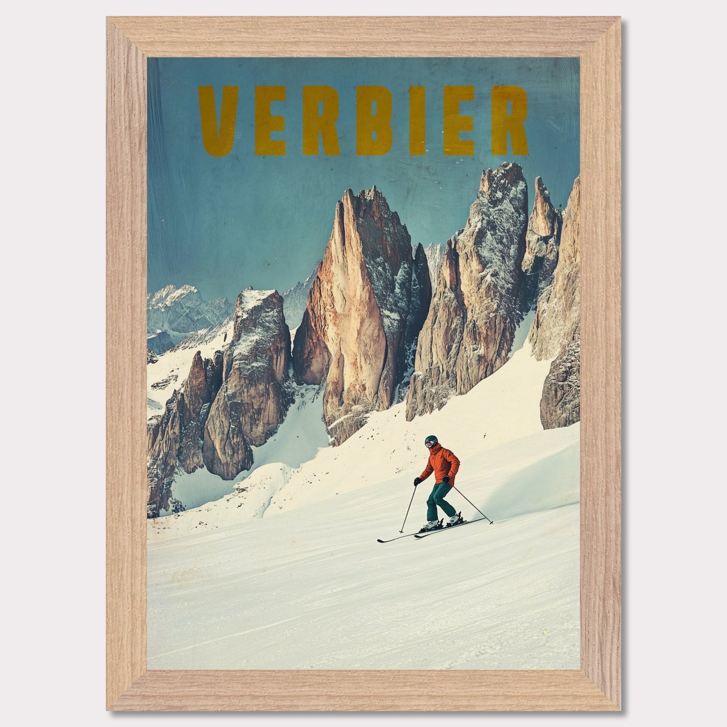 This stunning vintage poster showcases the essence of skiing in Verbier, with a lone skier carving through fresh powder beneath towering, jagged alpine peaks. The vibrant orange jacket of the skier contrasts beautifully with the crisp, snowy landscape and the rugged beauty of the mountains. The bold, retro typography reinforces the feeling of adventure and nostalgia, inviting viewers to experience the thrill of Verbier’s iconic slopes.