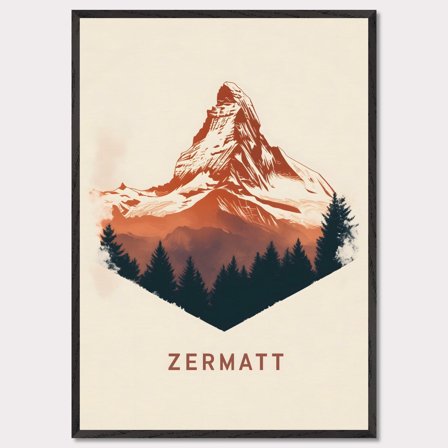 A scenic poster showcasing the breathtaking beauty of Zermatt’s Matterhorn. The rich, painterly textures and natural color palette evoke the serene yet powerful presence of the Alps.