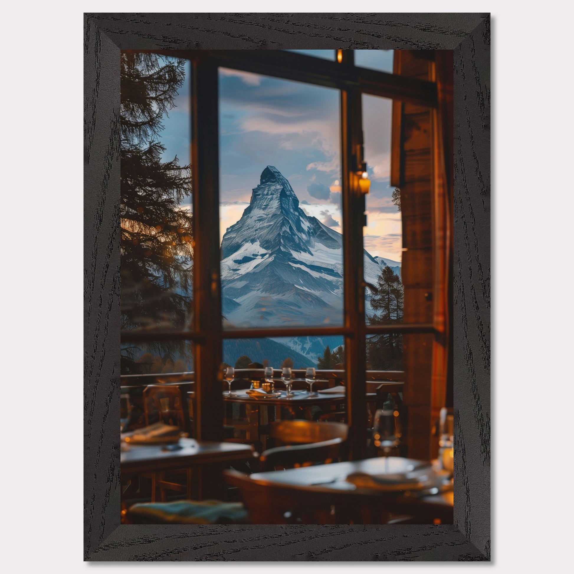 Experience the breathtaking view of a majestic mountain peak through the windows of a cozy restaurant. The scene captures the tranquility and grandeur of nature, inviting you to unwind and savor the moment.