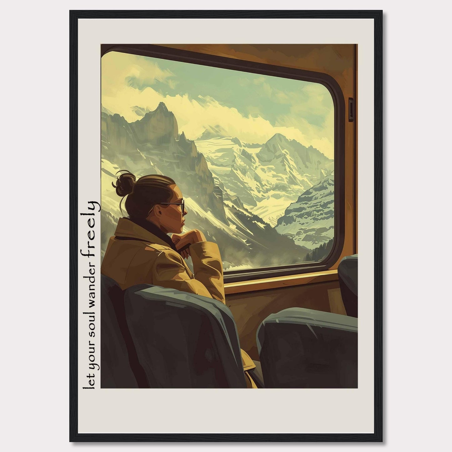 This image depicts a serene moment of a woman gazing out of a train window at a breathtaking mountain landscape. The scene is framed with the text "Let your soul wander freely" on the left side.